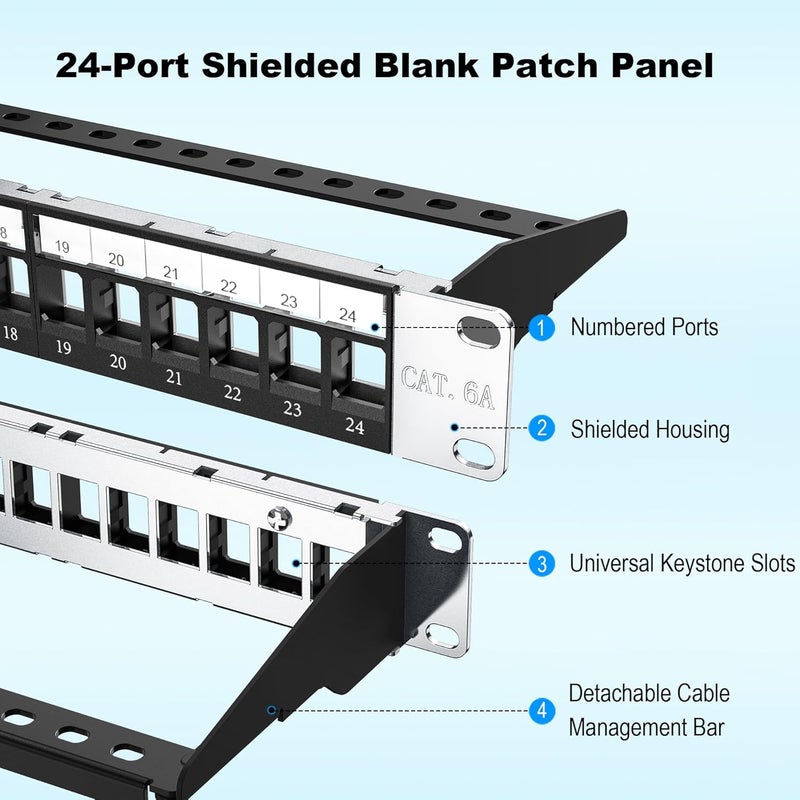 Jadaol 19” 1U Shielded Blank Patch Panel, 24-Port Rack Mount Keystone Panel for Cat6/Cat6a, HDMI, Coax, Fiber & Audio – Metal Frame (No Keystone Jacks Included) - Image 2